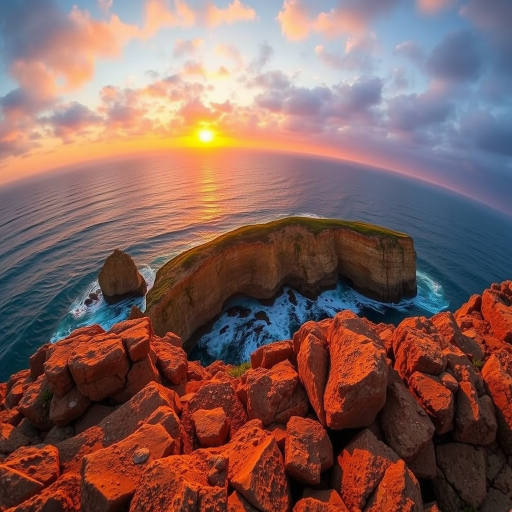 sunset over ocean cliffs with rock formations in foreground, warm golden light, captured with a Canon EOS 5D Mark IV, 24mm lens, aperture f/8, ISO 100, shutter speed 1/125 sec, wide-angle view, vibrant colors and high dynamic range