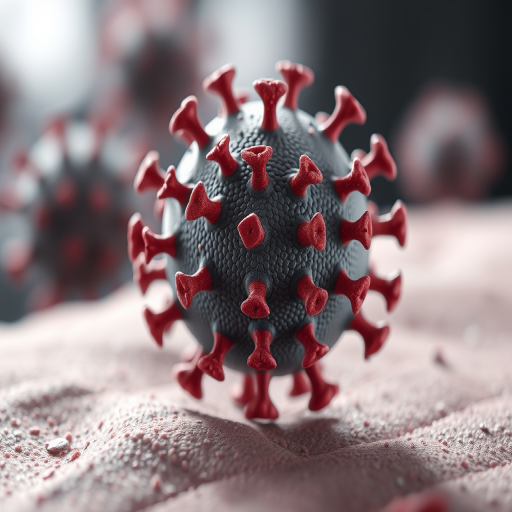 highly detailed 3D rendering of a virus on a textured surface, macro view, soft diffused lighting, aperture f/2.8, ISO 100, shutter speed 1/60s, DSLR camera, focus on foreground virus particles with blurred background particles