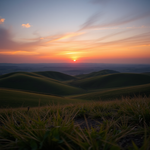 Generate a high-resolution image of a serene landscape featuring rolling hills and a vibrant sunset, using a 50mm lens, aperture f/1.8, ISO 100, with soft natural lighting, shot from a low angle to emphasize foreground details and create depth.