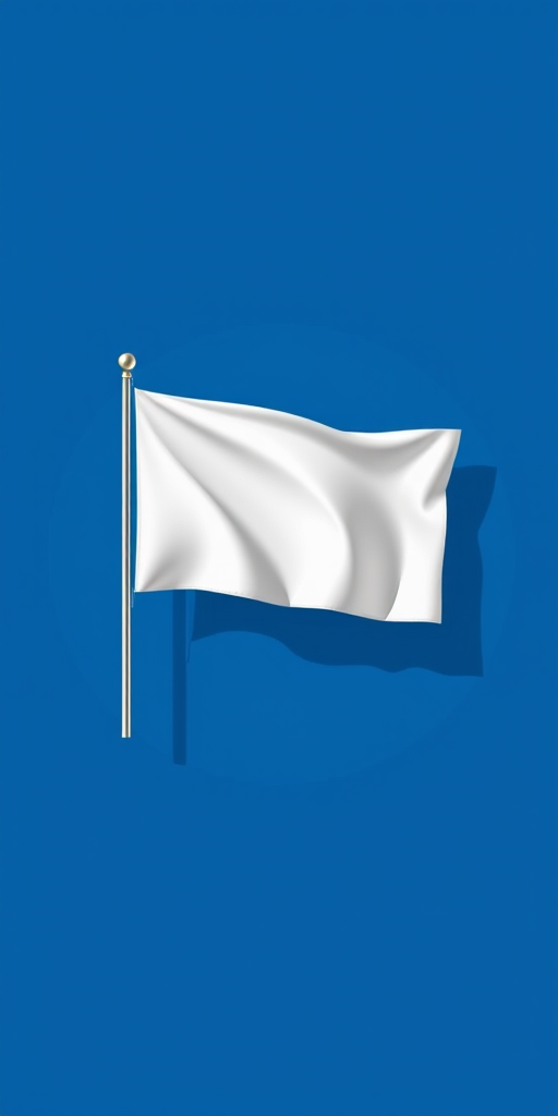 Create a vector graphic illustration of a white flag on a blue circular background with a long shadow effect, using a 50mm lens at f/5.6, ISO 100, taken from a straight-on view with a digital camera.