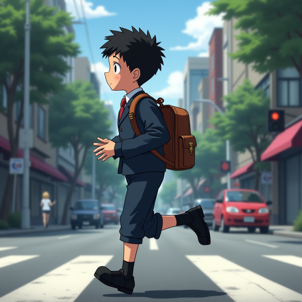 In the Japanese boondocks photorealistic anime, the camera focuses on strong muscular sideview of 9 year old boy his perfect face conveys powerful mighty passion, wearing black school dress-shoes, wearing dark blue matching school uniform. he runs lightly across wide busy city street. with stoplights in backdrop, The animation highlights the dynamic of the boy's clothes and hair blowing in the wind as he moves around, wearing leather backpack,