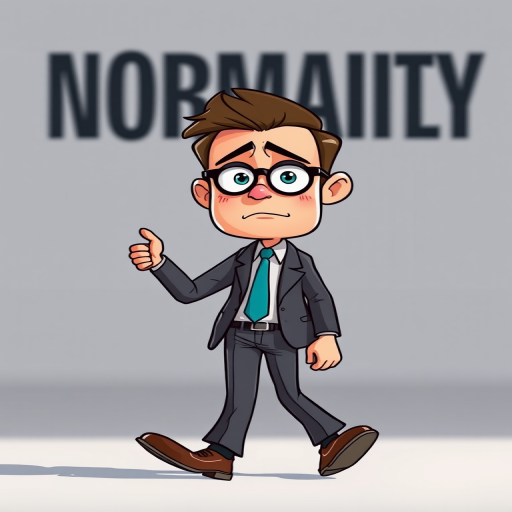 cartoon character of a businessman in a suit walking with a worried expression, thumbs up, large text saying normality in the background, shot with a DSLR camera at f/8 aperture, ISO 100, 50mm lens, shallow depth of field, bright lighting, high contrast, vivid colors