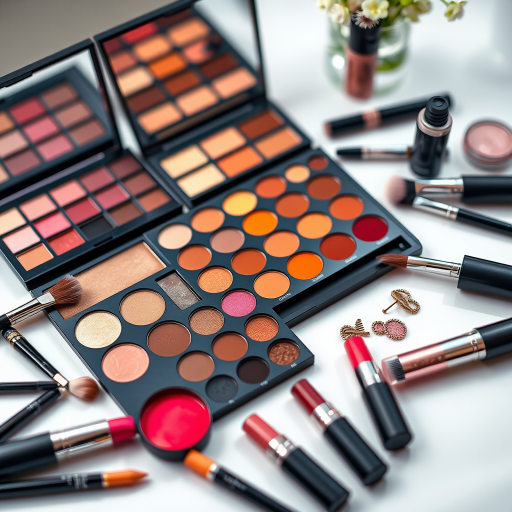 Create a high-resolution image of a makeup artist's palette layout featuring various eyeshadow colors, brush sets, and lip colors, captured with a Canon EOS R5, 50mm lens, f/1.8 aperture, ISO 100, in a well-lit studio setting with a shallow depth of field to highlight the products.