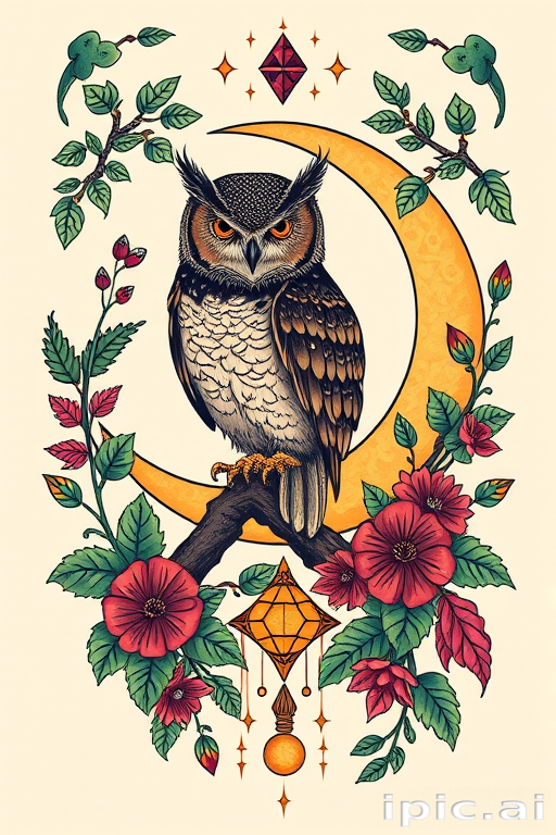 Neo-traditional tattoo design titled "Enchanted Forest Guardian" showcasing a mystical owl perched on a crescent moon surrounded by lush foliage and magical symbols in jewel tones