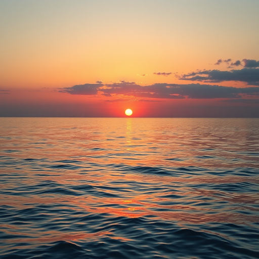 Create a high-resolution image of a sunset over a calm sea, captured with a DSLR camera, f/8 aperture, 1/125 sec shutter speed, ISO 100, from a landscape view, using a wide-angle lens for enhanced depth and clarity.