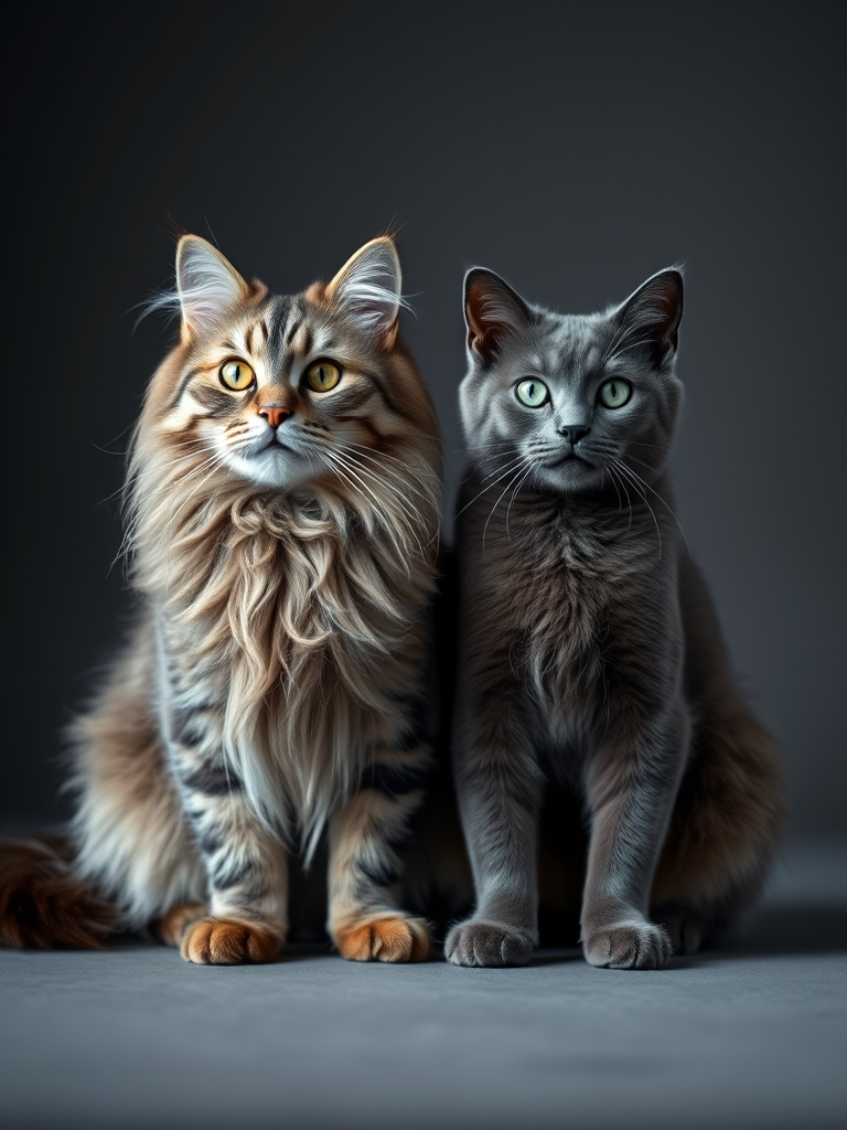 Regenerate a high-quality image of a Maine Coon and a Russian Blue cat sitting side by side in soft lighting, shot with a DSLR camera at f/2.8 aperture, ISO 100, 50mm lens, and a shallow depth of field, using a studio backdrop for a dramatic effect.