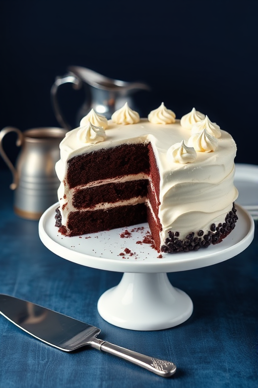 A beautifully decorated chocolate cake with white frosting on a cake stand partially sliced revealing layers of chocolate and frosting a silver cake server next to it with a simple plate in the background and a metallic pitcher behind the cake all set against a dark blue backdrop.