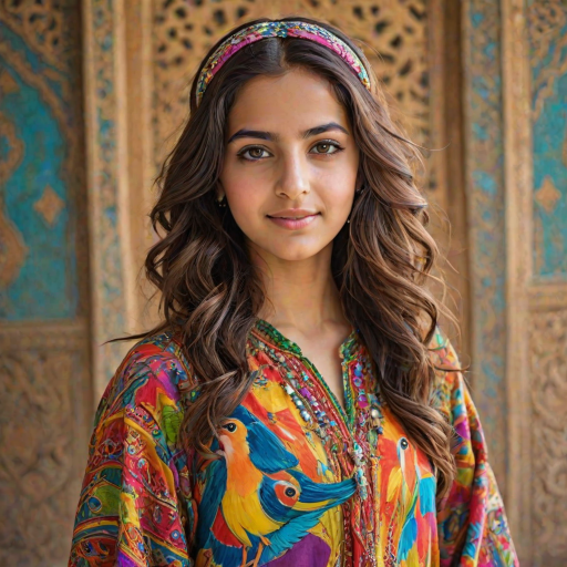 A beautiful Middle Eastern girl, wearing colorful bird clothing with vibrant colors