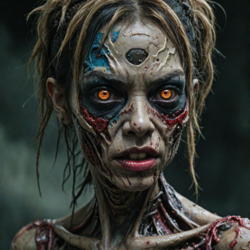 (perspective) of A creepy (ethnicity) zombie cyborg with (descriptive color) skin, (color) lipstick (color) liquid flowing from her eyes and mouth, (perspective two) portrait, (camera angle), extremely detailed, (art style) in the style of Yoshitaka Amano and Tetsuo Hara. --ar 85:128 --style raw --niji 6