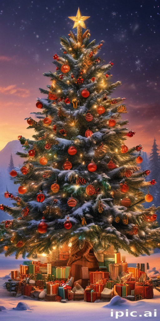 Enchanting Christmas Tree Adorned with Colorful Ornaments and Wrapped Gifts