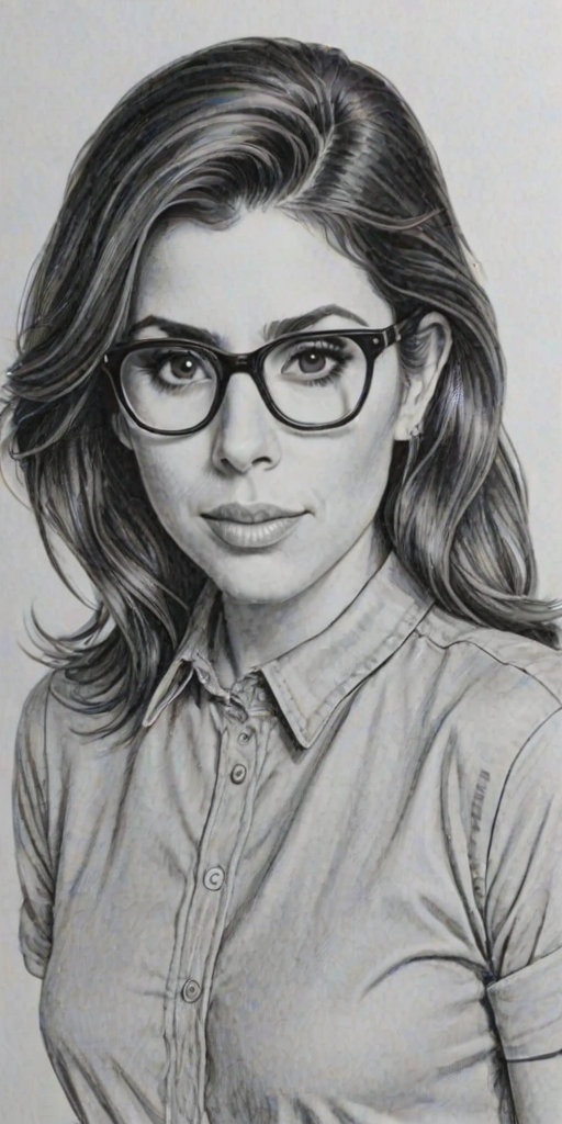 Wonderful Jamie-Lynn Sigler, pencil sketch, portrait of Captivating woman 1948s in glasses, hair style beatnik, outline, clear lines, fine lines, 8k