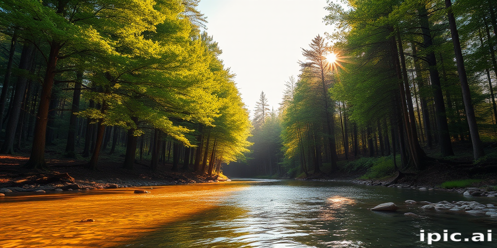 Create an image of a serene, sunlit forest scene with a clear, gently flowing river. Tall trees with lush green foliage line both sides of the river, their leaves bathed in the warm golden light of the setting or rising sun. The sunlight filters through the trees, casting soft, dappled light on the river, which flows over smooth rocks and pebbles, creating a peaceful, natural atmosphere. The sky is bright with a few scattered clouds, and the overall mood is tranquil, evoking a deep sense of connection with nature. The image captures the beauty of a calm, pristine forest landscape at either dawn or dusk.
