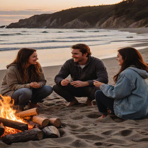 Group of friends gathered around a campfire on the beach, their faces illuminated by the fire's warm glow, and the sound of waves crashing nearby.