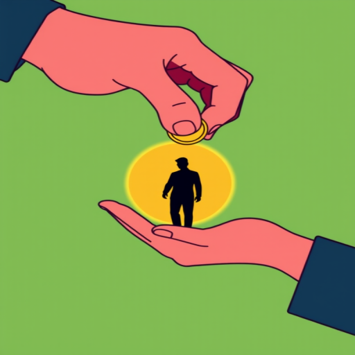 Create a vector illustration of a hand exchanging a coin with another hand holding a silhouette of a person, set against a smooth green background, using a Canon EOS R5 with a 50mm lens, aperture f/2.8, ISO 100, and a soft focus style for enhanced quality.
