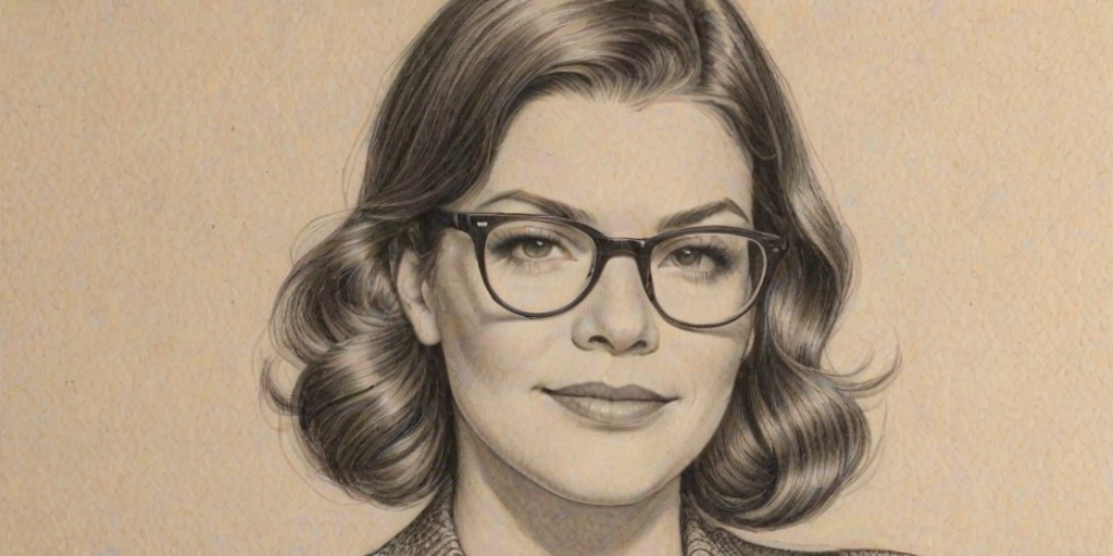 Superb Gail Simmons, pencil sketch, portrait of Resplendent woman 1936s in glasses, hair style beatnik, outline, clear lines, fine lines, 8k