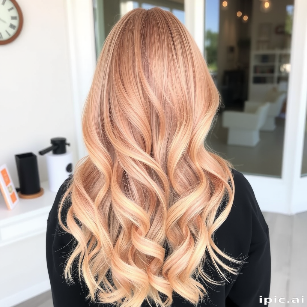 Rose gold balayage on long beachy waves, Blushing Sands style, blending warm pink tones with golden blonde for a romantic, sun-kissed effect