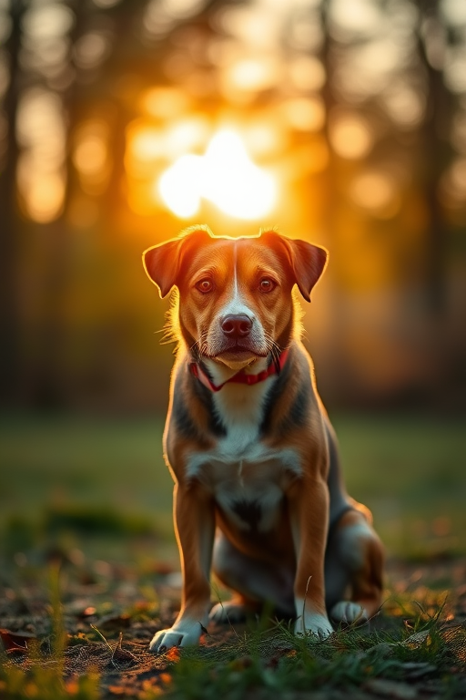 Generate an image of a sitting dog with a sharp focus on its face in a natural setting during golden hour with soft, warm lighting, using a DSLR camera with a 50mm lens, aperture set to f/1.8, ISO 200, and shutter speed of 1/200s.