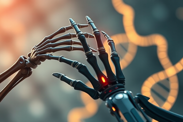 Create a high-resolution image of a skeletal hand reaching out to a futuristic robotic hand, with a glowing DNA helix in the background, using a Canon EOS R5, 50mm lens, f/1.8 aperture, ISO 100, and a soft focus effect.