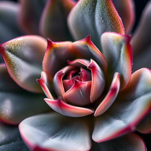 macro shot of succulent leaves with detailed textures and vibrant colors, 100mm macro lens, f/2.8 aperture, ISO 100, natural light, shallow depth of field, DSLR camera