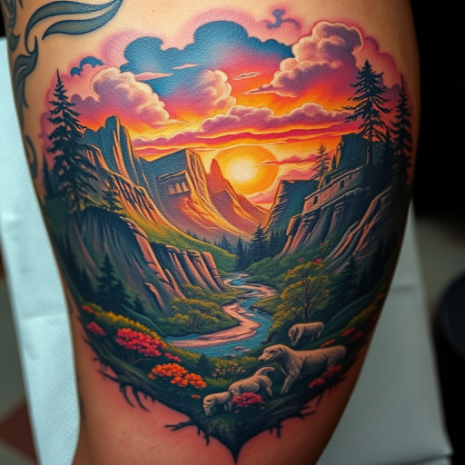 Photorealistic color tattoo named "Living Landscape" showcasing a breathtaking natural scene with incredible detail, depth, and vibrant colors that appear three-dimensional