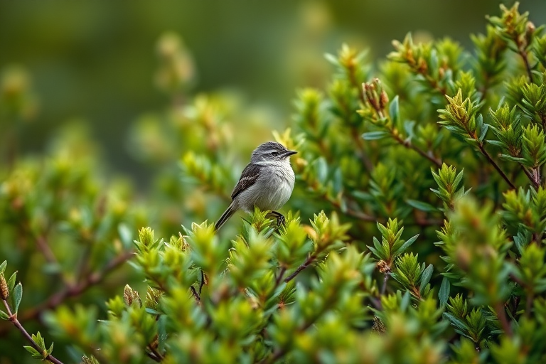 Capture a sharp image of a small bird perched amidst lush green shrubs using a Canon EOS R5 with an EF 100-400mm f/4.5-5.6L IS II USM lens, aperture set to f/5.6, shutter speed at 1/200s, ISO 400, with a shallow depth of field to blur the background and emphasize the subject.
