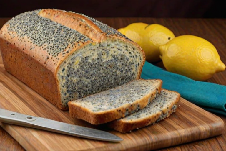 Generate an image of a freshly baked loaf of lemon poppy seed bread, sliced and arranged on a wooden cutting board. The background should feature a vibrant teal cloth and a small bowl of poppy seeds. Include a whole lemon and some lemon slices for decoration. The setting should feel warm and inviting, with soft lighting highlighting the texture of the bread.