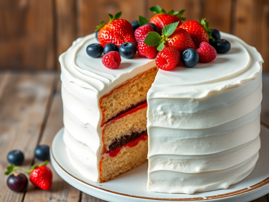 A beautiful layered cake with a smooth white frosting topped with fresh strawberries, raspberries, and blueberries, showing a slice cut out to reveal the moist interior layers filled with raspberry jam and cake, set against a rustic wooden background.