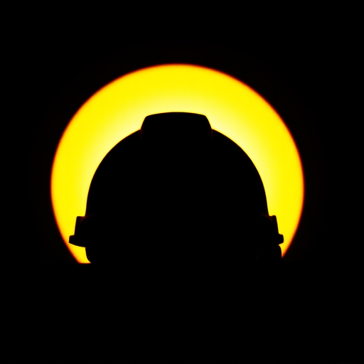 Create a high-contrast silhouette of a hard hat against a bright background, using a DSLR camera with a 50mm lens, aperture set to f/2.8, ISO 100, and a shutter speed of 1/500s, shot from a low angle to emphasize the shape, in natural lighting for enhanced quality.