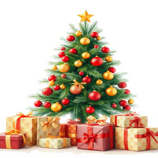 regenerate a watercolor illustration of a decorative Christmas tree adorned with red and gold ornaments and surrounded by wrapped presents, use a DSLR camera with a focal length of 50mm, aperture set to f/2.8 for a shallow depth of field, in a natural light setting to enhance colors and details.