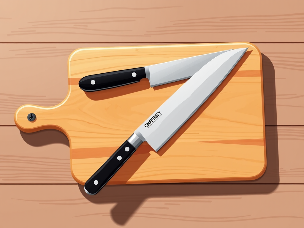 Create a digital illustration of a wooden cutting board with a chef's knife on it, using a high-resolution setting of 300 DPI, in a top-down view, employing a realistic style with soft shadows for depth, captured with a digital camera simulation.