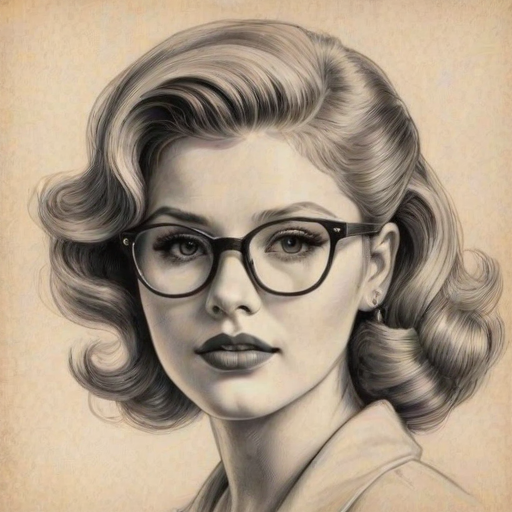 Graceful Renee Olstead, pencil sketch, portrait of Exquisite woman 1947s in glasses, hair style beatnik, outline, clear lines, fine lines, 8k