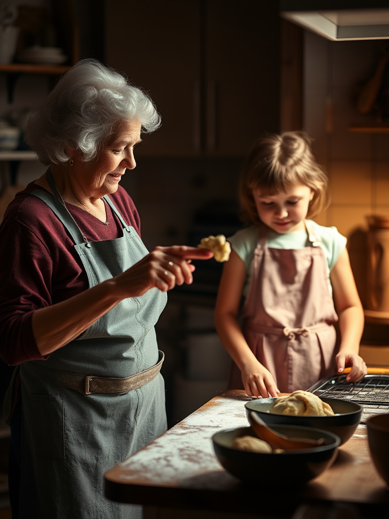 Warm, intimate image of a grandmother teaching her granddaughter to bake in a cozy kitchen, soft glow from the oven casting warm shadows, flour dusted on their aprons, and the smell of fresh dough.