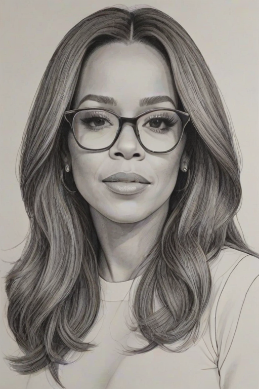 Alluring Sunny Hostin, pencil sketch, portrait of Bewitching woman 1968s in glasses, hair style beatnik, outline, clear lines, fine lines, 8k