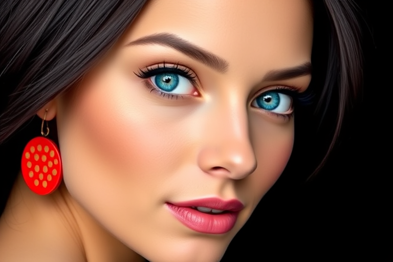 Create a high-resolution vector image of a woman with one half of her face visible, featuring bright blue eyes, bold red polka dot earrings, and dark hair against a solid black background, shot with a DSLR camera at f/2.8, 50mm lens, 1/125s shutter speed, and vibrant colors for visual impact.