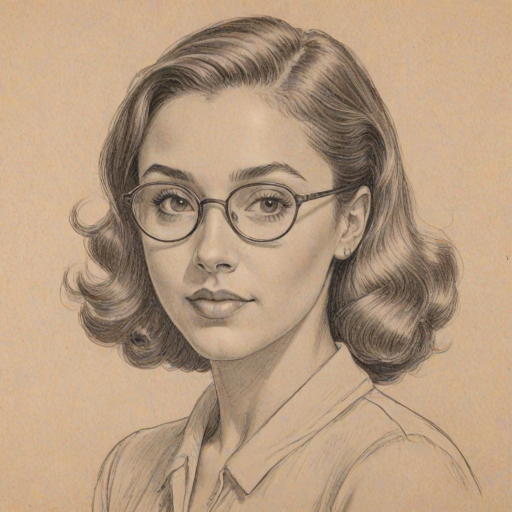Elegant Ariana Greenblatt, pencil sketch, portrait of Delightful woman 1946s in glasses, hair style beatnik, outline, clear lines, fine lines, 8k