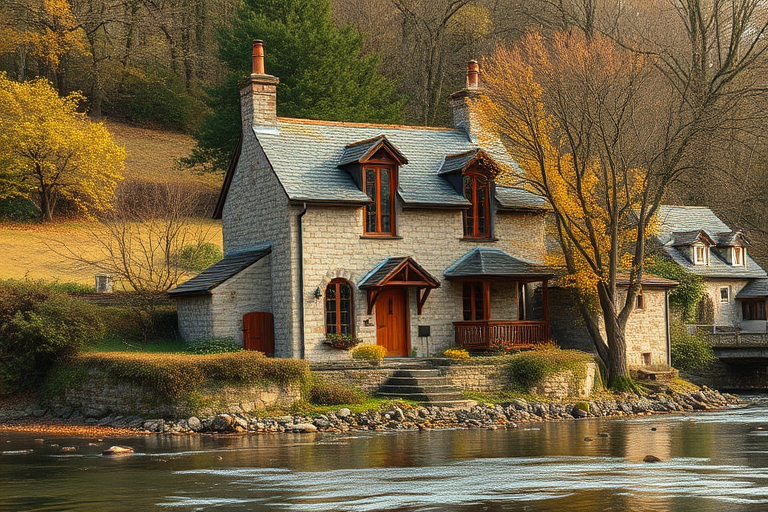 Regenerate an image of a quaint stone cottage by a riverbank surrounded by trees during autumn, captured with a Canon EOS R5, 50mm lens, f/1.8, ISO 100, and soft natural lighting for a warm, inviting atmosphere.
