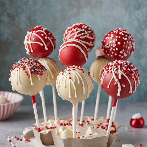 Create an image of delicious cake pops decorated with white chocolate and red icing drizzles. Include festive sprinkles and show one cake pop cut in half to reveal its colorful interior. The background should be light and festive, enhancing the holiday theme.