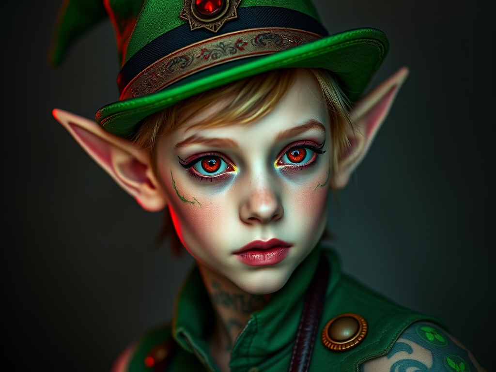 Create a highly detailed fantasy portrait of a young elf wearing a green top hat and vest, with vibrant red eyes, intricate makeup, and glowing green tattoos, shot in 85mm focal length at f/1.8, using a DSLR camera in portrait mode, with soft diffused lighting and a subtle gradient background to enhance color contrast.