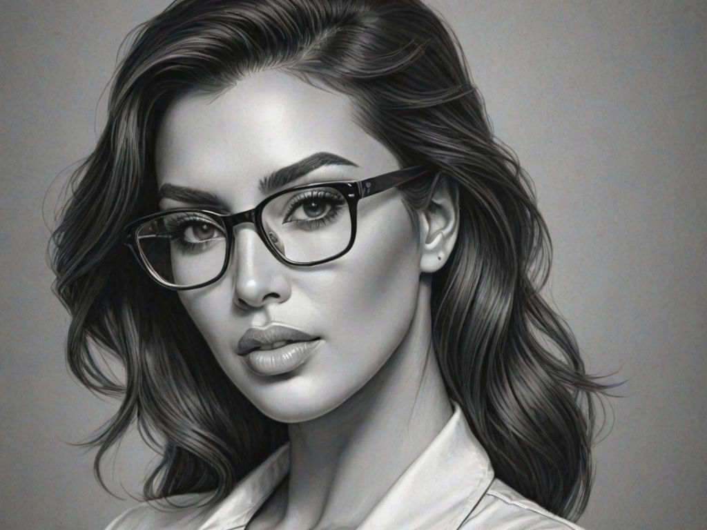Graceful Kim Kardashian, pencil sketch, portrait of Exquisite woman 1953s in glasses, hair style beatnik, outline, clear lines, fine lines, 8k