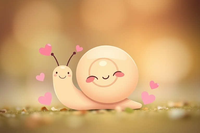 create a cute illustration of a smiling snail with hearts around it, soft pastel colors, blurred background, shot with a Canon EOS 5D Mark IV, 50mm f/1.8 lens, aperture f/2.8, ISO 100, focus on the snail with shallow depth of field