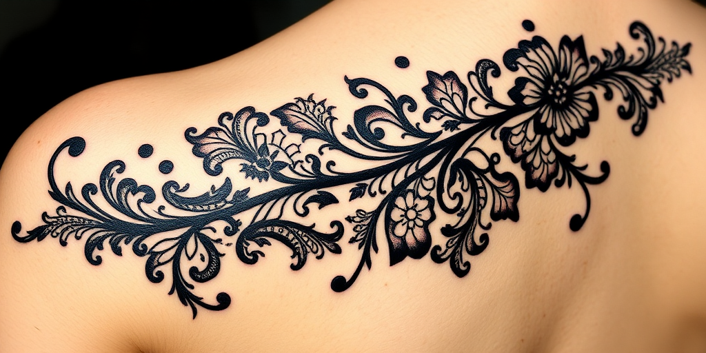 Ornamental blackwork tattoo titled "Lace Elegance" featuring intricate filigree patterns and delicate lacework designs flowing gracefully across the skin in bold black ink