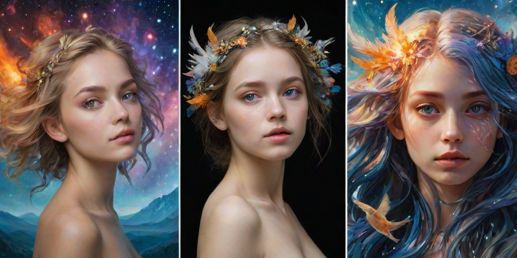 Create a series of imaginative portraits where each subject is infused with elements of fantasy and nature. The hair of the individuals should flow like clouds, varying from soft, fluffy cumulus to wispy cirrus strands, with hints of color reflecting a sunset or a clear blue sky. The eyes should be windows to entire galaxies, with stars, nebulae, and distant planets visible within them. Clothing should be adorned with nature motifs, such as floral patterns that bloom and change, vines that seem to grow and wrap around, or feathers that shimmer with iridescence. Each portrait should capture a unique personality, blending human features with the ethereal beauty of the natural and cosmic world. The backgrounds can vary, from starry night skies to enchanted forests, adding depth and context to the magical realism of the portraits