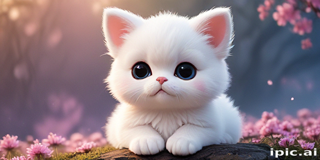 Adorable White Kitten Surrounded by Beautiful Blossoms in a Magical Setting