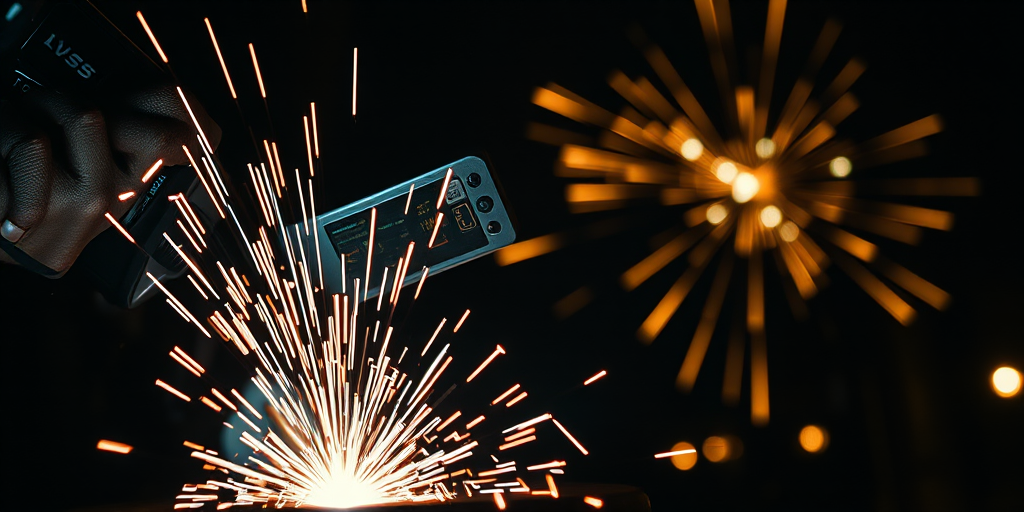 generate an image of a welder working in a dark environment with bright sparks flying, using a DSLR camera, f/2.8 aperture, ISO 800, 1/60 sec shutter speed, shot from a low angle with a shallow depth of field for dramatic effect