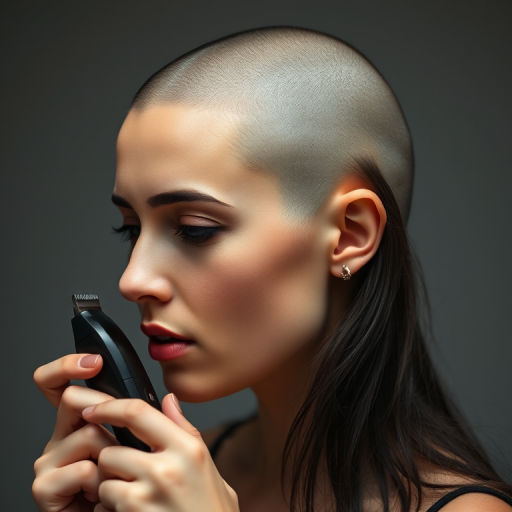 Dark hair, "Shaving her head with hair clippers", hair clippers in her hand shaving her hair, she is mostly bald, "side and top of her head is bald", shaving top of her head, beautiful woman in her 20s