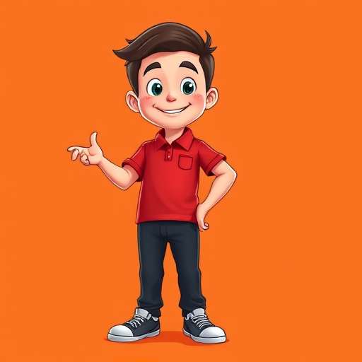 Create a digital illustration of a cartoon character with a friendly expression, wearing a red polo shirt, black pants, and sneakers, standing with one hand gesturing outward; use a vibrant orange background, enhance colors for visual impact, set camera at 50mm focal length, f/8 aperture, and ISO 100 for sharpness and clarity.