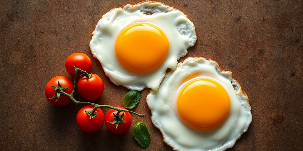 Bird's eye view of fried eggs with bright yellow yolks and cherry tomatoes on a textured brown surface, natural lighting, 50mm lens, f/4 aperture, ISO 100, shallow depth of field, DSLR camera.