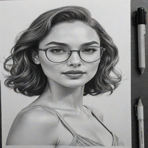 Dazzling Gal Gadot, pencil sketch, portrait of Enticing woman 1963s in glasses, hair style beatnik, outline, clear lines, fine lines, 8k