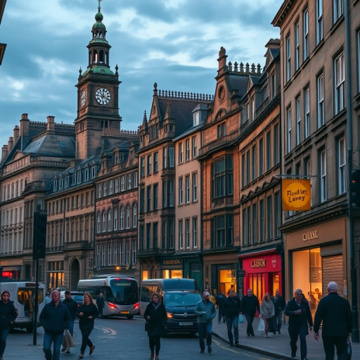 regenerate the image of a bustling street scene in Edinburgh at dusk, showcasing historic buildings with intricate architecture and a prominent clock tower, captured with a Canon EOS R5 at f/8, 35mm lens, ISO 100, 1/125s, with a wide-angle perspective and soft, warm lighting to enhance the ambiance