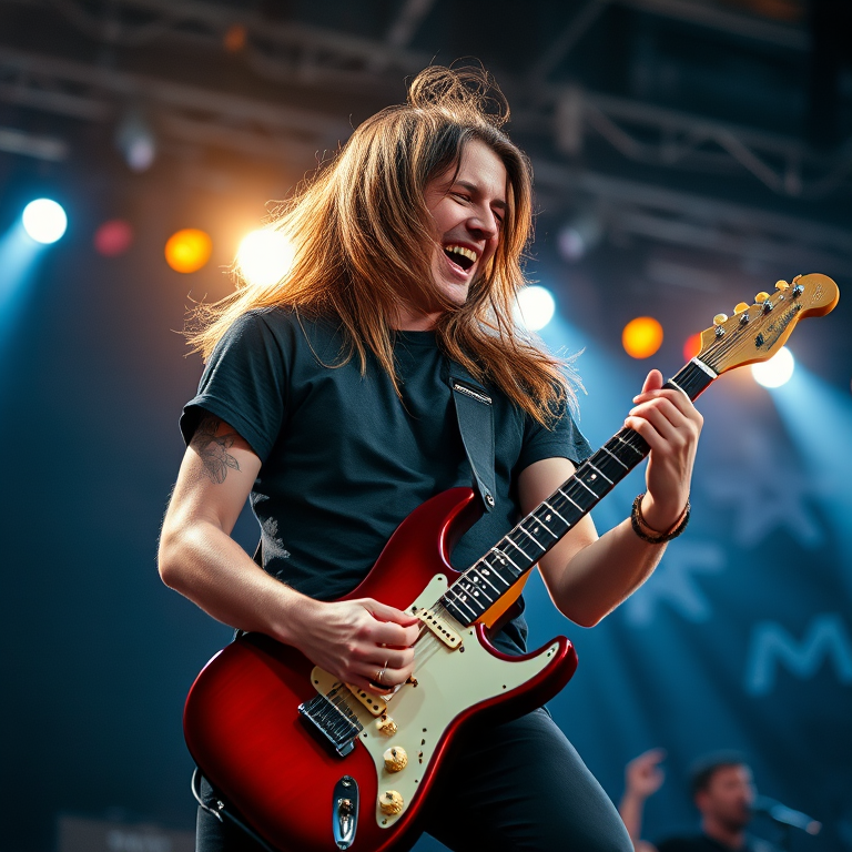 Create an image of a young male rock guitarist passionately performing on stage with long hair and an electric guitar, captured in a close-up view with a shallow depth of field, using a Canon EOS R5 with a 50mm f/1.2 lens at ISO 100, shutter speed 1/200s, and an aperture of f/2.8 to enhance lighting and detail in a concert setting.